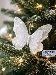 Bướm trang trí lưới nhân tạo, bướm hai lớp kim tuyến lấp lánh có kẹp cho cây thông Noel, vòng hoa, sắp xếp hoa, đồ trang trí đám cưới, ngày lễ và nhà cửa - trắng - Xem 1