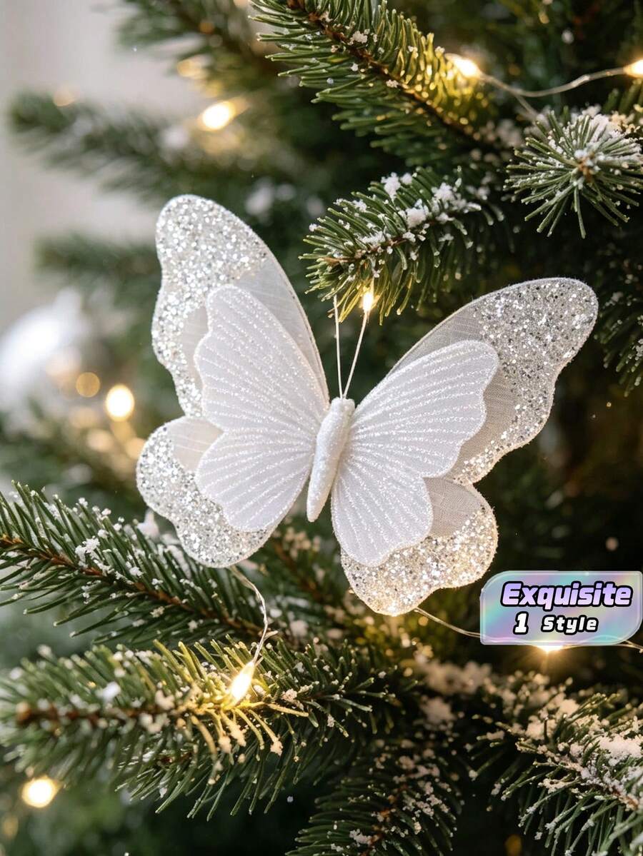 Bướm trang trí lưới nhân tạo, bướm hai lớp kim tuyến lấp lánh có kẹp cho cây thông Noel, vòng hoa, sắp xếp hoa, đồ trang trí đám cưới, ngày lễ và nhà cửa - trắng - Xem 1