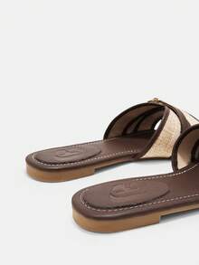 CUCCOO CURVES Fattened Wide Last Cross Sandals Female, Linen Splicing Metal Square Buckle Wide Open Line Flat Bottom Slippers, Summer Wear Open Toe - Coffee - View 6
