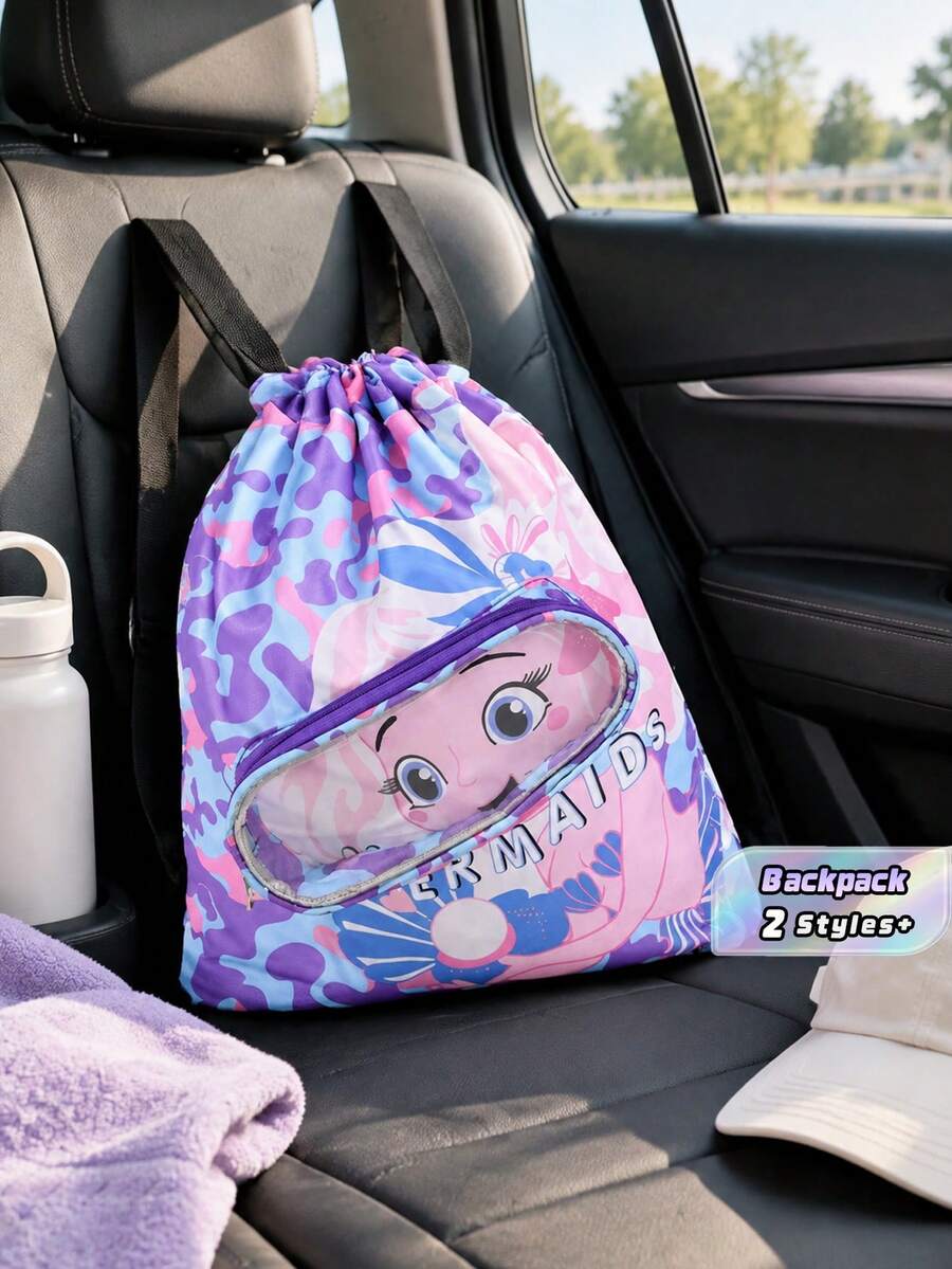 Cartoon Printed Waterproof Drywet Separated Shoulder Backpack, Swimming Bag, Beach Storage Bag, Drawstring Toiletry Bag - Blue - View 1
