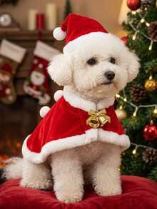 PETSIN 1SET Christmas Pet Costume Set, Hat & Cape Cloak, Festive Dress‑Up Outfit For Cats & Dogs - Red - View 2