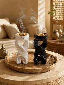 Cirelle 1Pc Twisted Ribbon Shape Incense Burner, Speckled Textured Body, Golden Perforated Metal Inner Bowl, Dual‑Use For Cone & Stick Incense, Tall Tabletop Incense Holder, Modern Sculptural Home Decor, Ramadan Desktop Ornament,Muilt‑Size Selectable Options - default - View 9