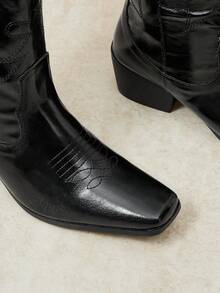Styleloop Outdoor Women's Square Toe Molding Bottom Embroidery Thread Decoration Fashionable Simple And Comfortable Party Nightclub With Boots - Black - View 5