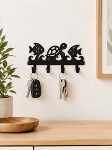 1PC Black Iron Wall Mounted Hook Rack Coastal Nautical Sea Turtle Fish Ocean Wave Pattern Decorative Towel Key Coat Hanger Organizer For Bathroom Entryway Door Back Home Storage Housewarming Gift Beach Style Wall Decor - View 3