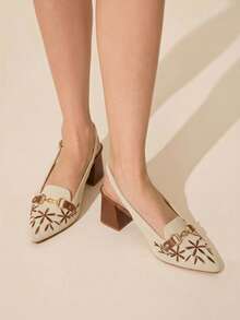 CUCCOO BASICS Women's Fashion High-Heeled Shoes, Fabric Embroidered Thread, Suitable For Summer Vacation, Back To School, College Life, Spring And Spring Break - Beige - View 2