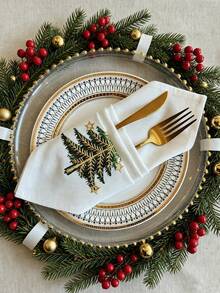 Cirelle 2/4pcs Christmas Embroidered Cloth Napkins, Poly Linen Blend Dinner Napkins With Gold Star Christmas Tree Embroidery, Rustic Farmhouse Holiday Cloth Napkins For Christmas Dinner, Holiday Party Table Decor - Multicolor - View 11