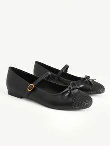 CUCCOO CHICEST Women's Shoes Spring And Autumn Small Bow Decoration Adjustable Gold Buckle Word With Straw Woven Color Matching Toe Small Square Toe Flat Heel Flat - Black - View 2