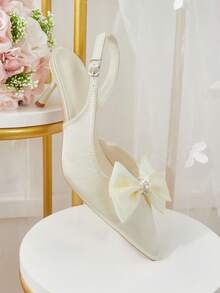 CUCCOO HITCHD Off-White Satin Back Stiletto Shoes, Satin Bow Crystal Ring Pointed Women's Shoes - Off-white - View 7