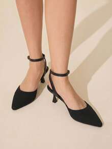 CUCCOO BASICS Fashion Black Knitted Fabric Ankle Strap Pointed Stiletto Women's Shoes Comfortable Commuting Office Vacation Go Out Essential Women Fall Shoes - Black 1 - View 1