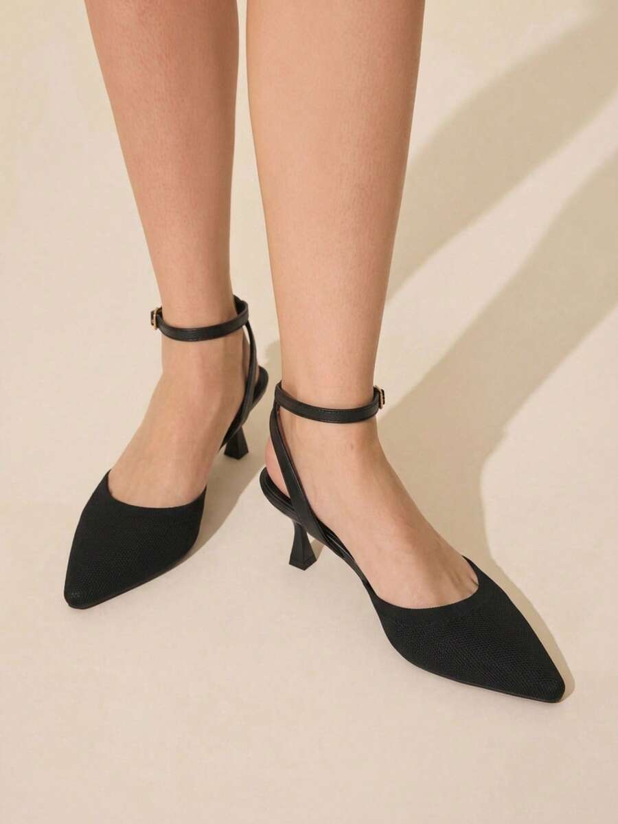 CUCCOO BASICS Fashion Black Knitted Fabric Ankle Strap Pointed Stiletto Women's Shoes Comfortable Commuting Office Vacation Go Out Essential Women Fall Shoes - Black 1 - View 1
