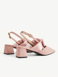 CUCCOO CHICEST Satin Bow Tripple Tip Thick Medium Heel Gentle Naked Pink Imitation Suede Backspace Mule High Heel Sandals Dating Afternoon Tea - Pink - View 5