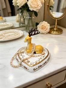 1PC Resin Heart Shaped Yellow Reindeer Golden Embossed Jewelry Storage Tray Organizer Box For Earring Ring Necklace Bedroom Vanity Dresser Desktop Elegant Home Decor Gift Ornament - Multicolor - View 6