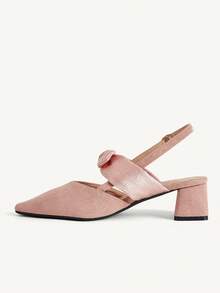 CUCCOO CHICEST Satin Bow Tripple Tip Thick Medium Heel Gentle Naked Pink Imitation Suede Backspace Mule High Heel Sandals Dating Afternoon Tea - Pink - View 6