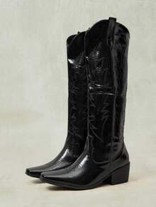 Styleloop Outdoor Women's Square Toe Molding Bottom Embroidery Thread Decoration Fashionable Simple And Comfortable Party Nightclub With Boots - Black - View 2