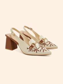 CUCCOO BASICS Women's Fashion High-Heeled Shoes, Fabric Embroidered Thread, Suitable For Summer Vacation, Back To School, College Life, Spring And Spring Break - Beige - View 6