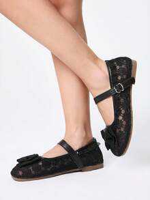 ROMWE Kawaii Women's Fashionable & Sweet Bow Decor Flats Valentine's Day Fall Shoes - Black + Lace Bow - View 2