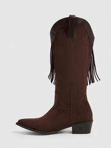 Daringsoles Women's Retro Western Style Pointed Thick Heel Fringed Medium Boots, Imitation Suede Splicing Boots, Suitable For Autumn And Winter Travel In A Daily Fall Boots - Coffee Brown - View 4