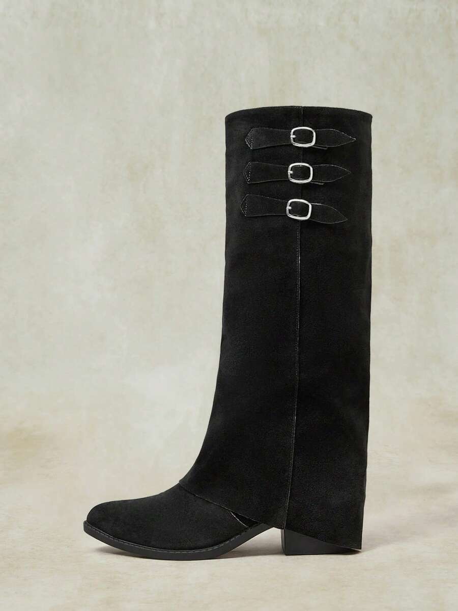 Styleloop Vintage Maillard Style Women's Autumn And Winter Shop Dating Solid Color Round Toe Tall Heel Western Fashion Boots - Black - View 1