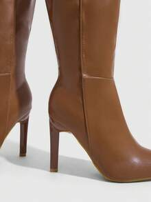Daringsoles 女款粗跟高跟尖頭側拉鍊及膝長靴 性感通勤 PU 皮革秋冬女靴 - 棕色1 - 查看 5