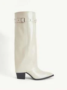 CUCCOO CHICEST Autumn And Winter New Western Style Pointed Metal Buckle Boots, High Boots Thick Heel Thin Wide Leg Knight Boots - Beige - View 2