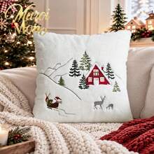 1pc Christmas Santa Claus Red House & Christmas Tree Embroidered Throw Cushion Cover, Suitable For Indoor Decoration, Christmas Decorative Pillow Cover, Pillow Insert Not Included - Multicolor - View 9