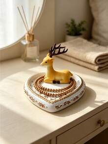 1PC Resin Heart Shaped Yellow Reindeer Golden Embossed Jewelry Storage Tray Organizer Box For Earring Ring Necklace Bedroom Vanity Dresser Desktop Elegant Home Decor Gift Ornament - Multicolor - View 3