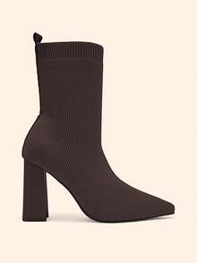 CUCCOO BASICS Women's Fashion Minimalist Pointed Toe Elastic Knit Breathable Brown Ankle Boots, Chunky Heel Design Fall Boots - Brown fly weaving - View 3
