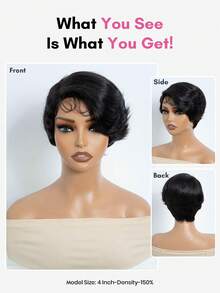 Pixie Cut Lace Wigs Human Hair Brown Short Finger Wave Pixie Wigs With Side Lace Part Glueless Short Wavy Wigs Wear & Go - 1B - View 3