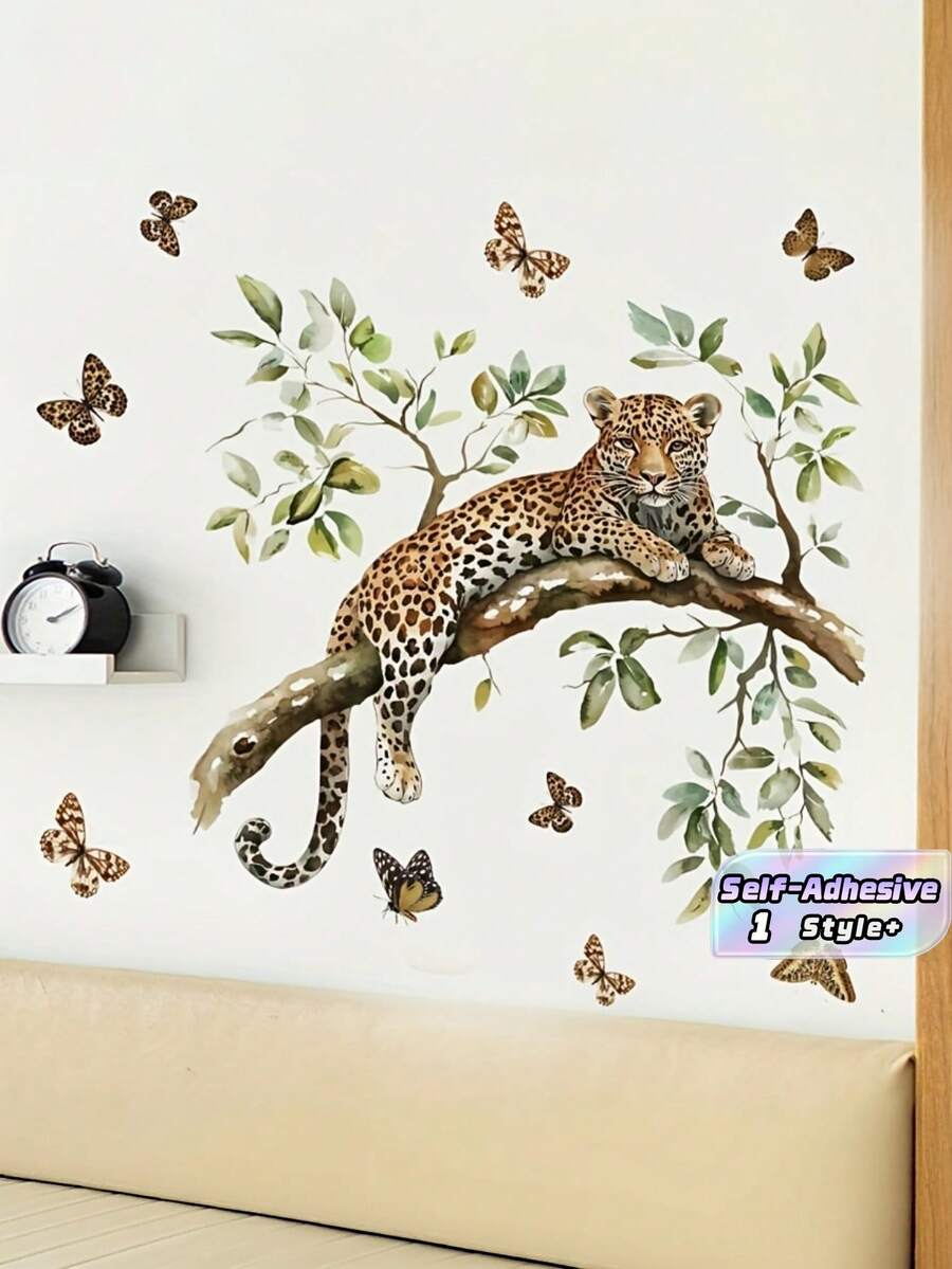 1Set PVC Self Adhesive Waterproof Removable Creative Relaxing Nature Inspired Branch Leopard Butterfly Pattern Wall Decals Stickers For Living Room Hallway Bedroom Home Decor Art Gift - one-size - View 1