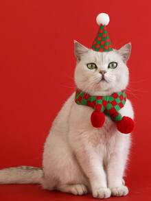 PETSIN Pet Christmas Party Hat And Knitted Scarf Set, Xmas Pom Pom Costume Accessories For Cats Small Dogs, Holiday Photo Props - Multicolor - View 9