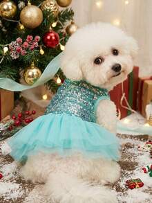 PETSIN Christmas Party Sparkly Sequin & Blue Mesh Pet Skirt - Multicolor - View 3