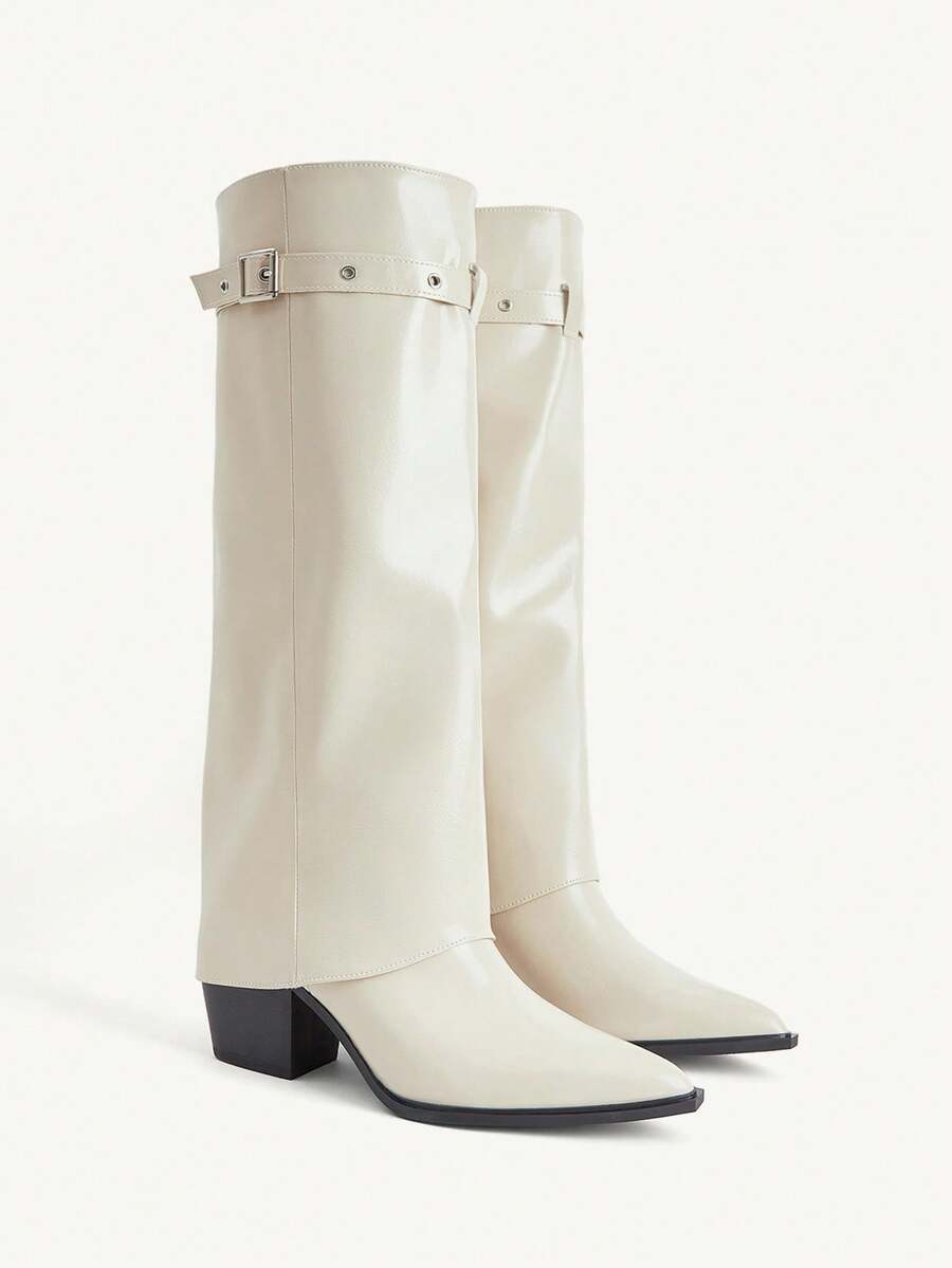 CUCCOO CHICEST Autumn And Winter New Western Style Pointed Metal Buckle Boots, High Boots Thick Heel Thin Wide Leg Knight Boots - Beige - View 1