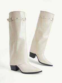 CUCCOO CHICEST Autumn And Winter New Western Style Pointed Metal Buckle Boots, High Boots Thick Heel Thin Wide Leg Knight Boots - Beige - View 4