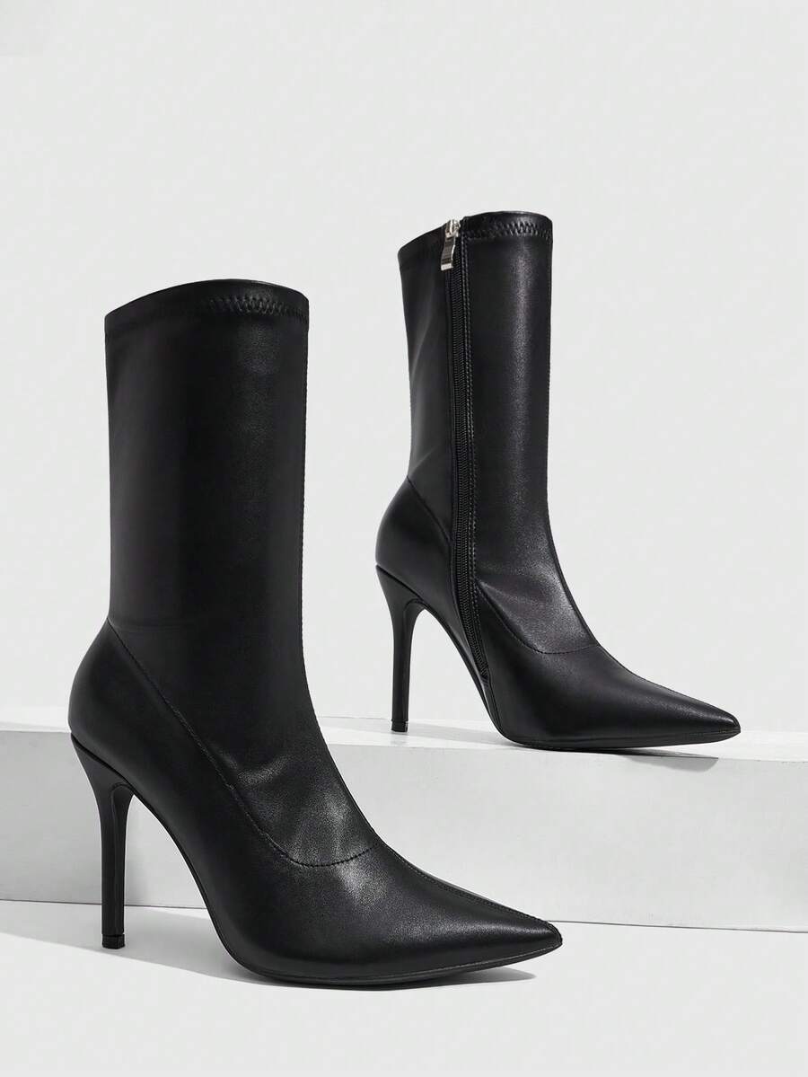 Daringsoles Versatile Skinny Pointed Heel Elastic Medium Boots Fall Boots - Black - View 1