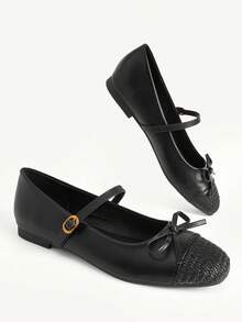 CUCCOO CHICEST Women's Shoes Spring And Autumn Small Bow Decoration Adjustable Gold Buckle Word With Straw Woven Color Matching Toe Small Square Toe Flat Heel Flat - Black - View 4