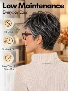 EASY&FRESH 鹽胡椒灰短款真人髮精靈短髮假髮，側劉海無蕾絲巴西層次剪短髮假髮，適合年長女性，混色灰髮，易維護，適合脫髮或頭髮稀疏女性，易佩戴，適合日常穿戴與 Cosplay - S1/Gray - 查看 3