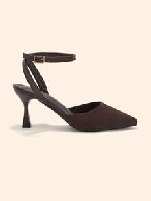 CUCCOO BASICS Fashion Brown Knitted Fabric Ankle Strap Pointed Stiletto Women's Shoes Comfortable Commuting Office Vacation Go Out Essential Fall Shoes - Coffee Brown 1 - View 3