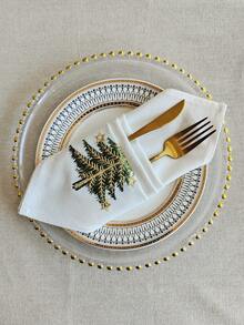 Cirelle 2/4pcs Christmas Embroidered Cloth Napkins, Poly Linen Blend Dinner Napkins With Gold Star Christmas Tree Embroidery, Rustic Farmhouse Holiday Cloth Napkins For Christmas Dinner, Holiday Party Table Decor - Multicolor - View 9