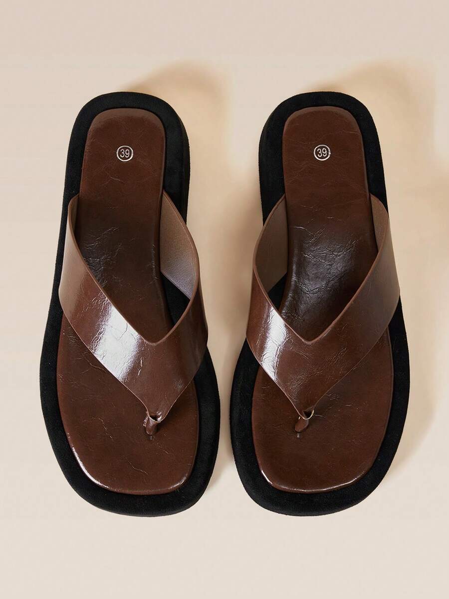 HighSole 女款夾趾露趾厚底增高涼鞋,柔軟舒適,適合海邊度假穿著 - 油皮棕 - 查看 1