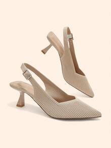 CUCCOO BASICS Women's Fashion Elegant Pointed Toe V-Cut Plain/Striped Fabric Slingback High Heel Pumps Fall Shoes - Apricot 1 - View 2