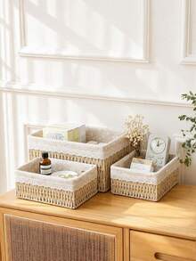 Haus Hana Boho Rattan Desk Storage Basket Set Of 3, Handwoven Wabi-Sabi Organizer With Floral Fabric Lining, Oriental Zen Style Cotton Rope Basket For Desktop, Vanity, Shelf, Small Sundries Storage - View 1