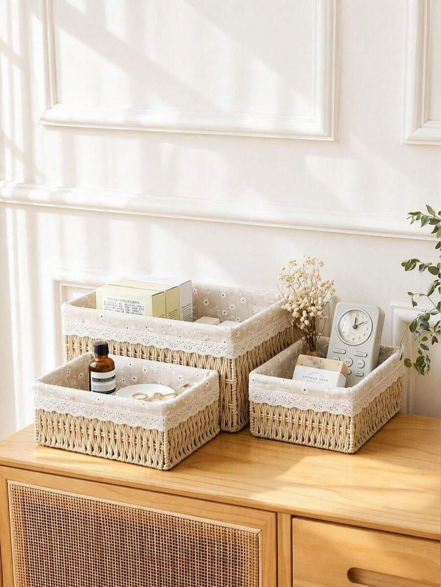 Haus Hana Boho Rattan Desk Storage Basket Set Of 3, Handwoven Wabi-Sabi Organizer With Floral Fabric Lining, Oriental Zen Style Cotton Rope Basket For Desktop, Vanity, Shelf, Small Sundries Storage - View 1