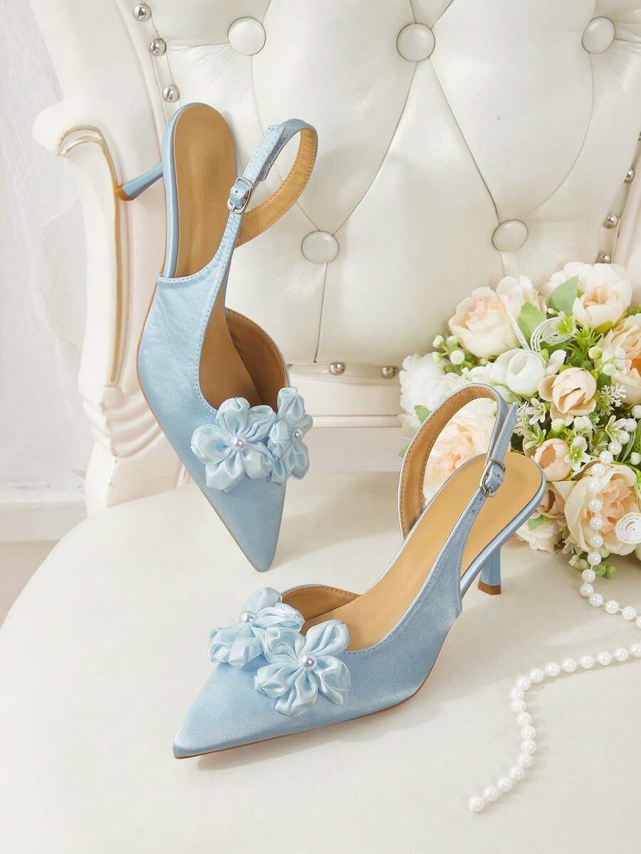 CUCCOO HITCHD Ladies Gentle Light Blue Satin Pointed Back Empty Shoes, Three-Dimensional Pleated Flower Pearl Decoration, Slingbacks - Light blue - View 1