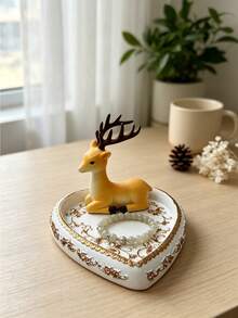 1PC Resin Heart Shaped Yellow Reindeer Golden Embossed Jewelry Storage Tray Organizer Box For Earring Ring Necklace Bedroom Vanity Dresser Desktop Elegant Home Decor Gift Ornament - Multicolor - View 8