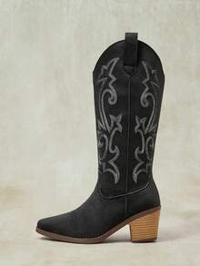 Styleloop Women's Shoes Embroidered Coarse High Heel Western Boots Casual - Black A - View 1