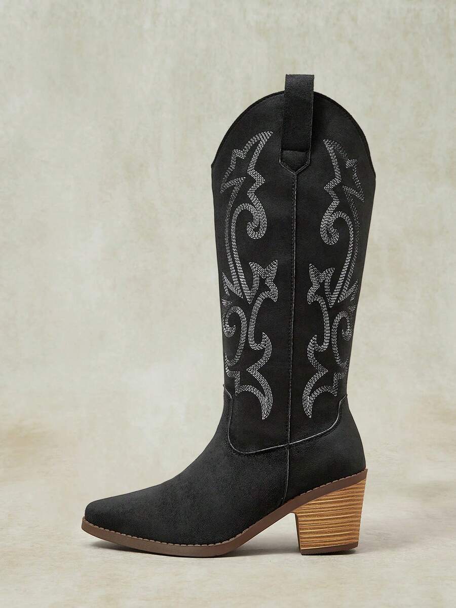 Styleloop Women's Shoes Embroidered Coarse High Heel Western Boots Casual - Black A - View 1