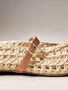 SHEIN VACAZURE 女款鉤編瑪麗珍芭蕾平底鞋 透氣編織草編涼鞋 附扣環 - 自然色 - 查看 10