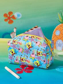 SpongeBob SquarePants | SHEIN PU皮革化妝包，印花拉鍊收納袋，化妝收納包，多功能旅行盥洗包，可收納日常用品、文具及各種小雜物 - 藍色 - 查看 2