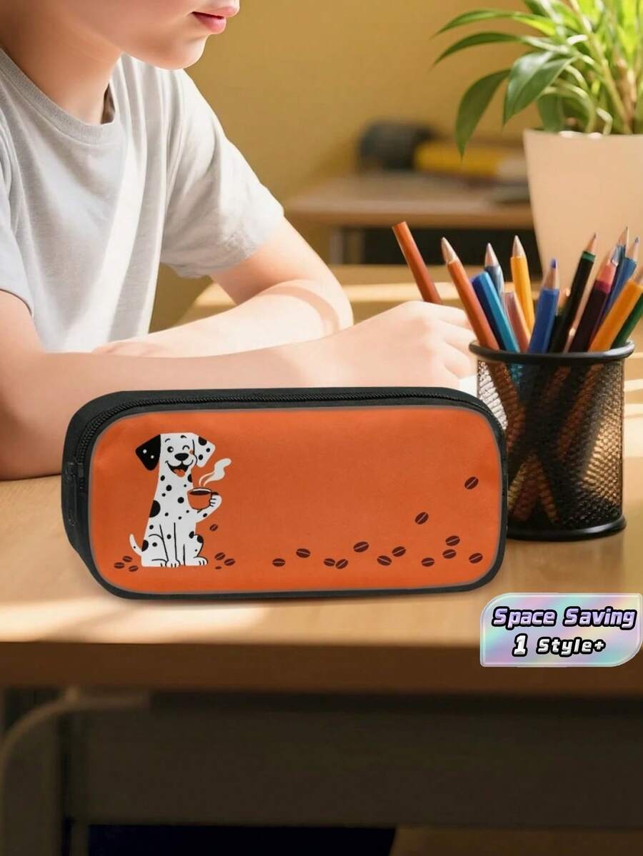 1PC 600D Polyester Large Capacity Pencil Case Cute Dalmatian Dog Coffee Bean Print Zipper Closure Stationery Storage Pouch Multi‑Functional Pen Bag For Student Office Travel Daily Use - Multicolor - View 1