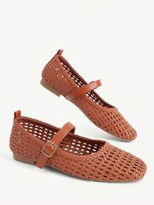 CUCCOO CHICEST Hollow Woven Buckle Square Top Flat Bottom Low Heel Retro Brown PU Mary Jane Shoes Commuter Vacation Daily - Brown - View 4